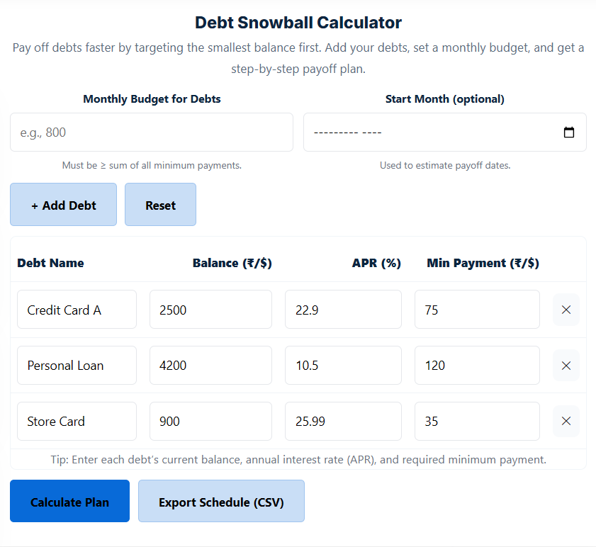 Debt Snowball Calculator – Pay Off Debt Faster